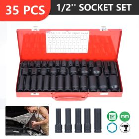 35PCS 1/2" Drive Red Deep Impact Socket Set - Metric 8-32mm for Spindle Axle Nuts, Heavy Duty with Portable Case for Garage