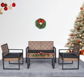 4-Piece Patio Furniture Set Outdoor Balcony Porch Garden Backyard Lawn Furniture Acacia Wood Table Top, Morden Black and Light Brown (Color: as Pic)